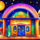 Colorful Fantasy Illustration: Mosque, Crescent Moons, Whimsical Houses, Starry Night