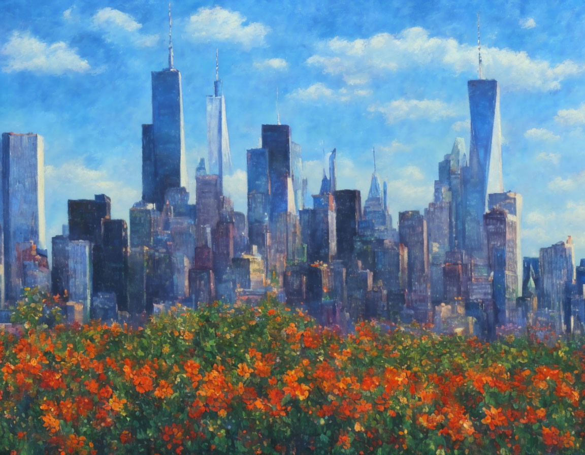 City skyline with skyscrapers and vibrant flowers in impressionist style