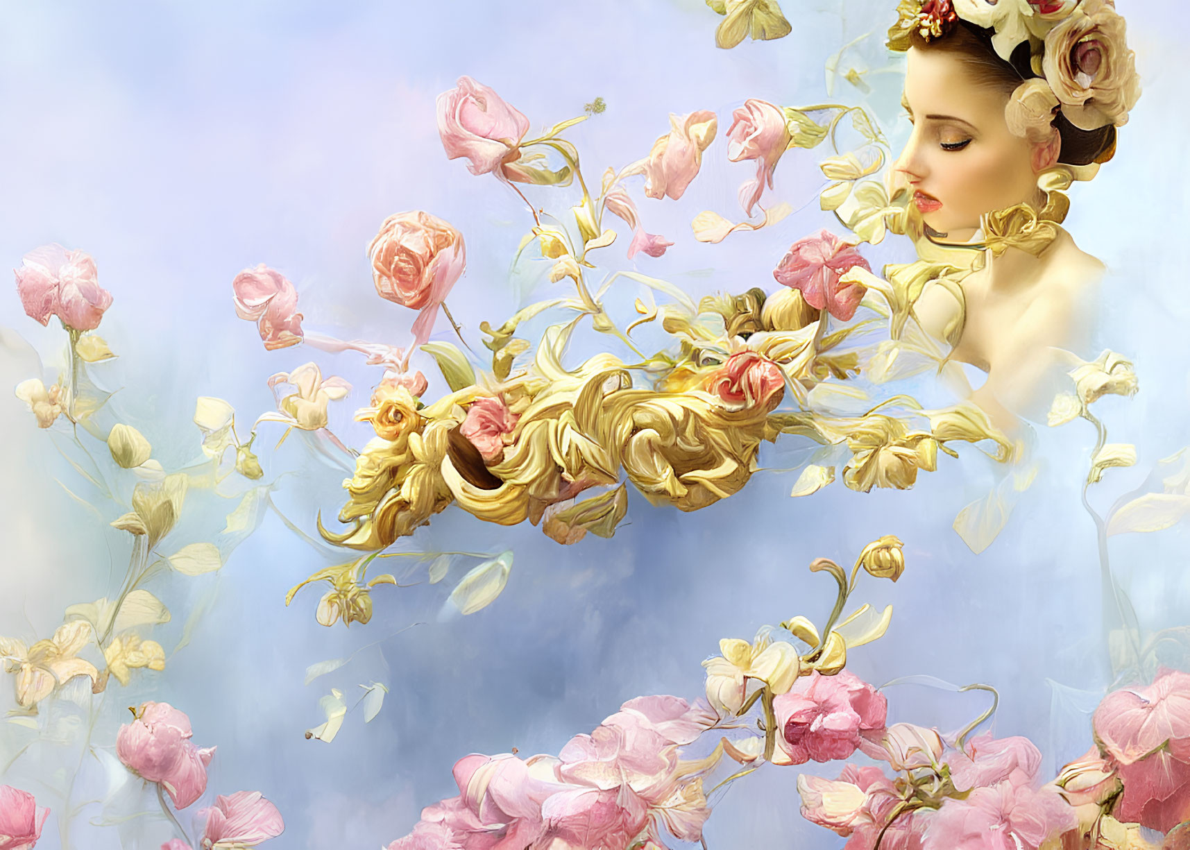 Surreal woman's profile with floral growth on pastel background