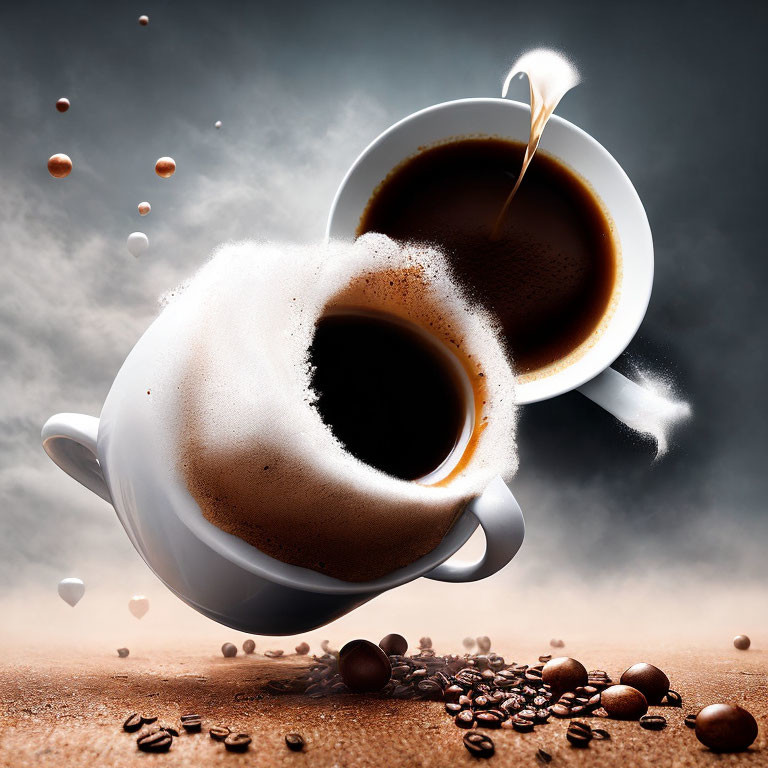 Coffee cups with splashing liquid and floating beans on brown background