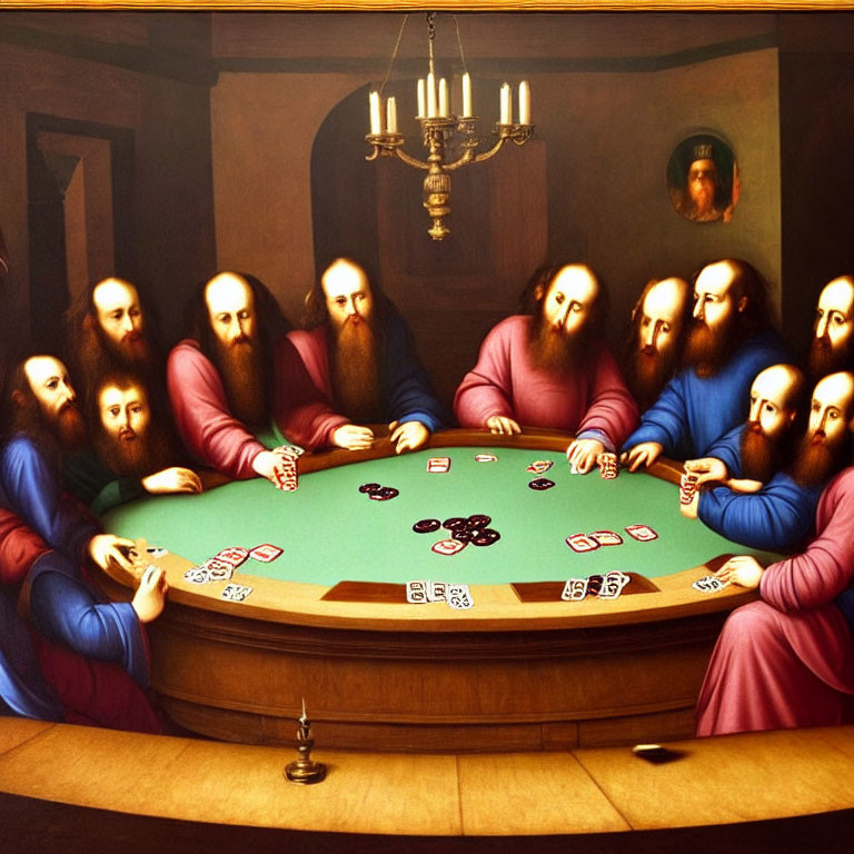 Historical figure look-alikes playing poker in a room with chandelier & portrait