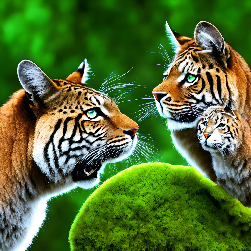 Three Tigers with Striking Blue Eyes on Green Background
