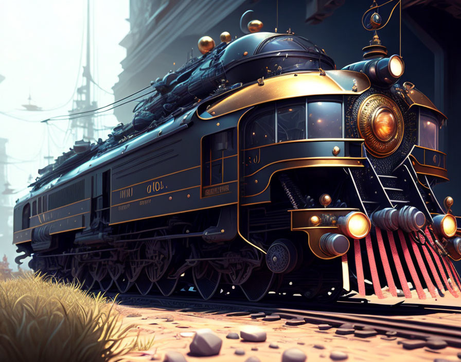 Steampunk-style locomotive with ornate metalwork on misty industrial tracks