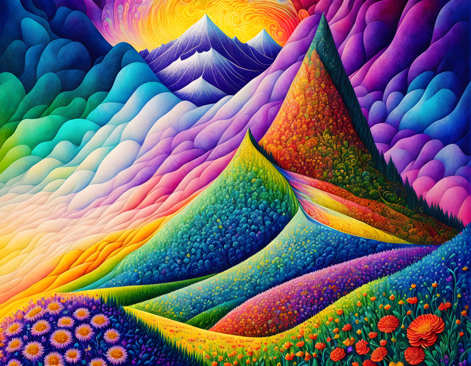 Colorful Landscape Artwork with Rolling Hills and Mountains