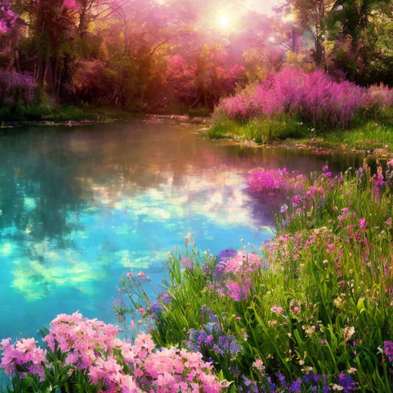 Tranquil lake with lush greenery and blooming pink flowers