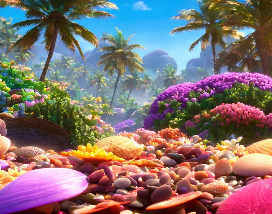Vibrant Tropical Beach Scene with Flowers, Shells, and Palm Trees