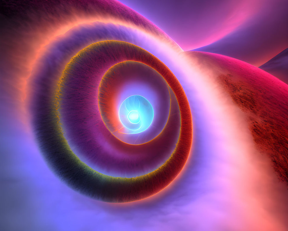 Vivid surreal landscape with circular patterns and glowing central spiral