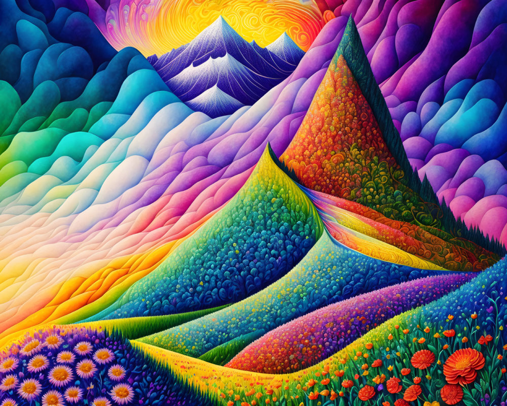 Colorful Landscape Artwork with Rolling Hills and Mountains