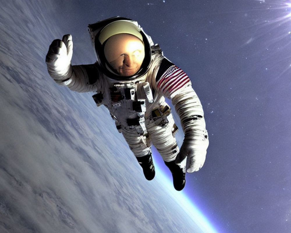 Astronaut in reflective visor suit above Earth