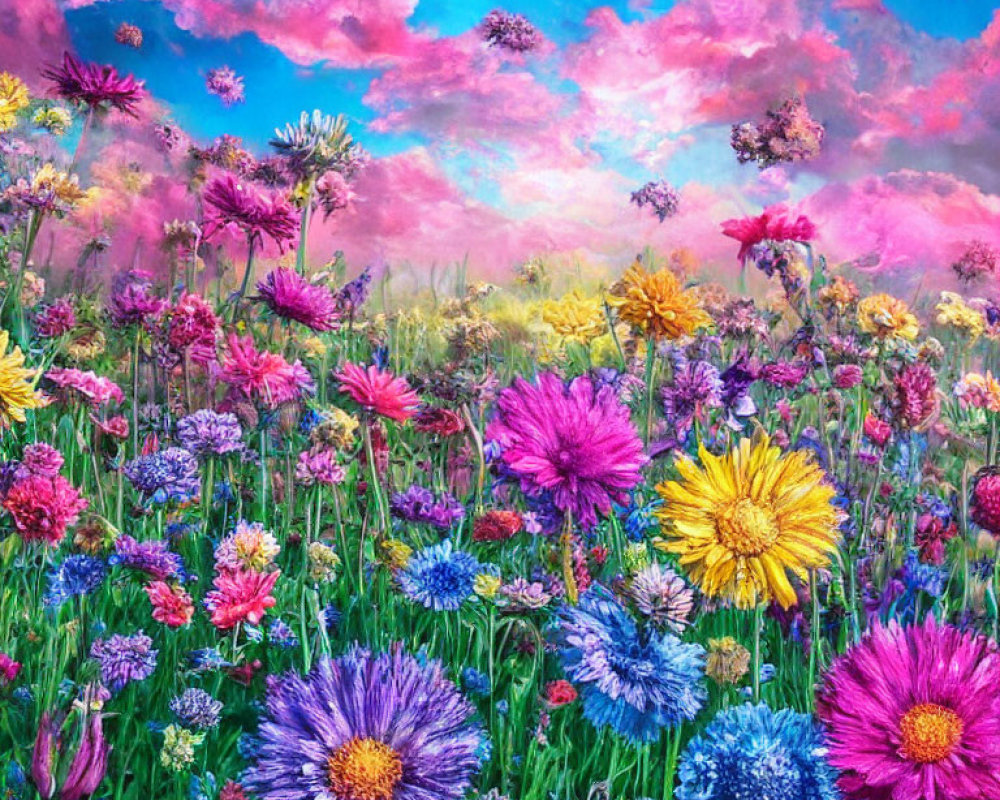 Colorful Impressionistic Painting of Flower Field and Sky