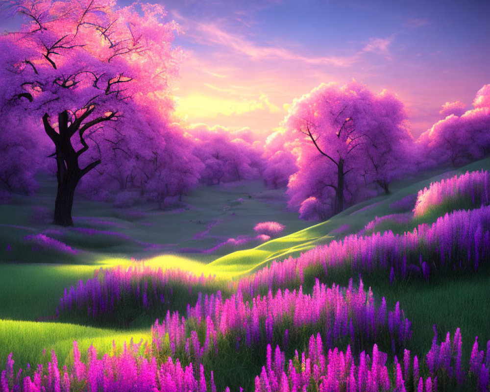 Vibrant pink cherry blossoms and purple flowers in twilight landscape