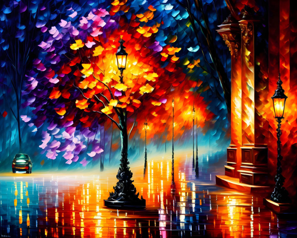 Colorful illuminated street scene with textured foliage and ornate street lamps