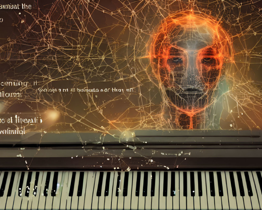 Digital orange and blue skull on piano keyboard with abstract lines and glowing effects