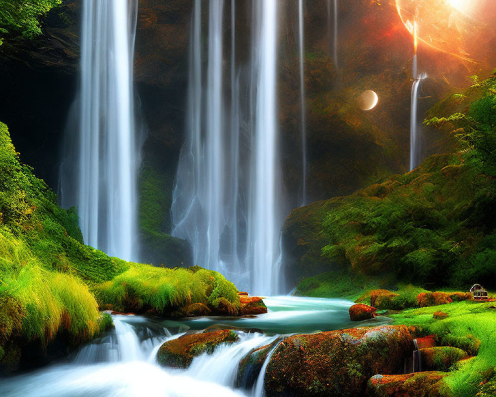Tranquil waterfall scene with lush greenery and sunlight filtering through mist