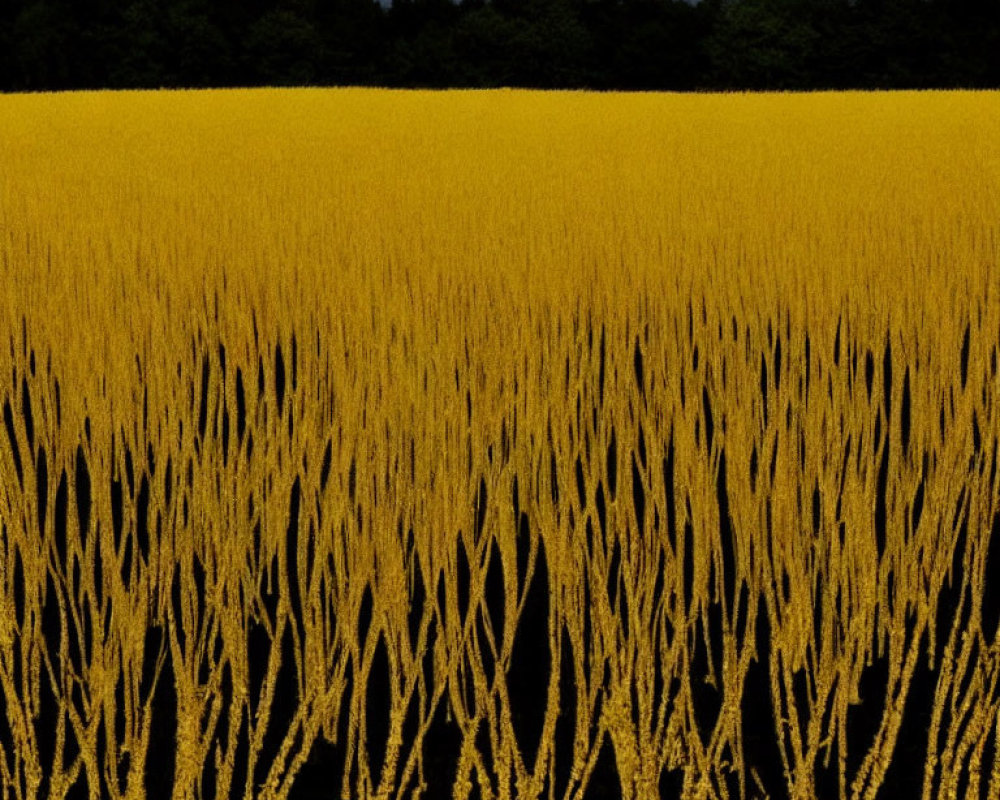 Vibrant yellow rapeseed field with tall stalks and dark treeline under overcast sky