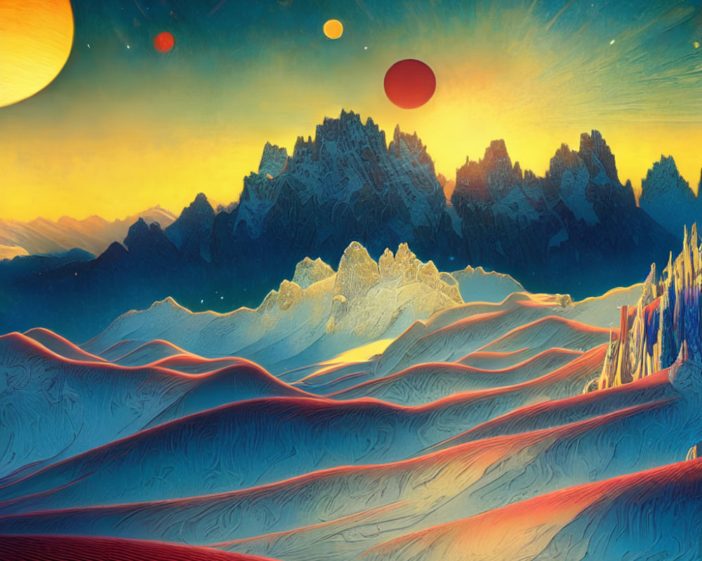 Vibrant surreal landscape: textured dunes, jagged mountains, starry sky.