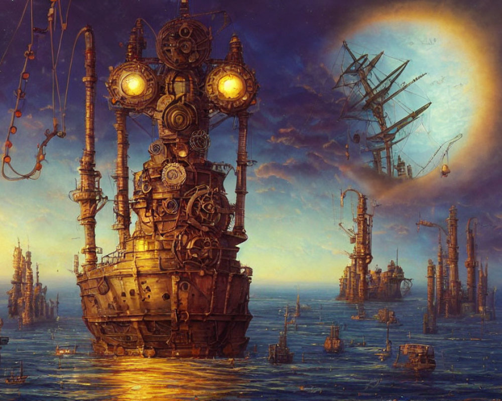 Steampunk seascape with elaborate ship and golden sunset sky