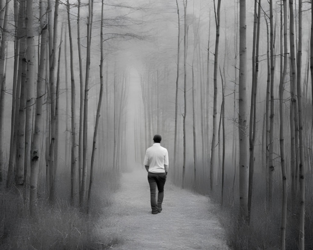 Monochrome image of person walking down misty path