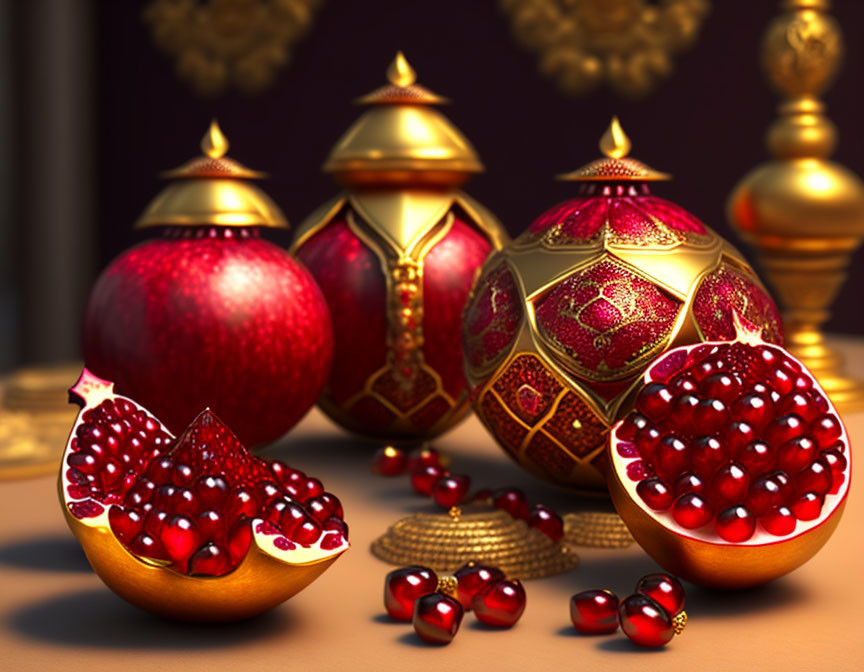 Golden Ornaments and Pomegranates on Reflective Surface with Warm Backdrop
