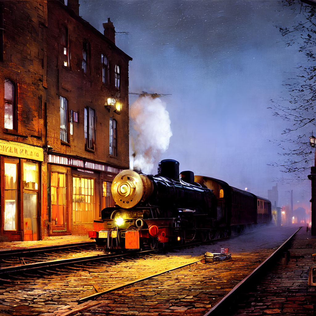 Vintage Steam Locomotive on Urban Tracks at Night with Glowing Windows