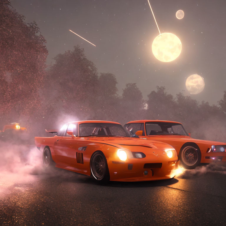 Nighttime sports cars race under multiple moons and shooting stars with dramatic lighting and mist.