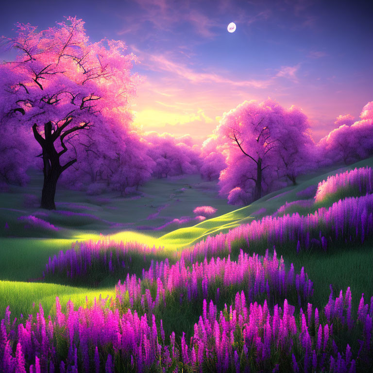 Vibrant pink cherry blossoms and purple flowers in twilight landscape