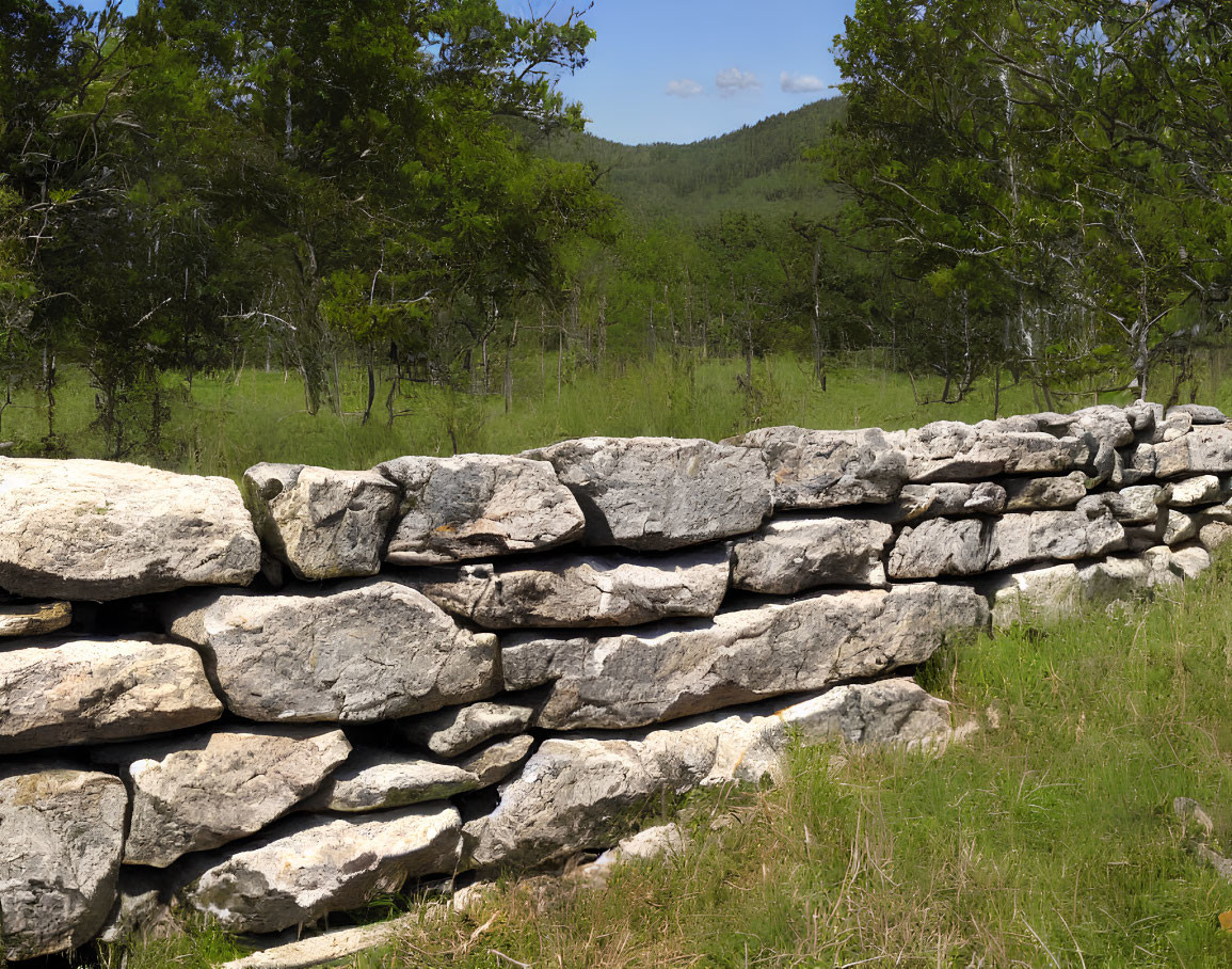 Rustic stone wall in lush green field with mountain backdrop