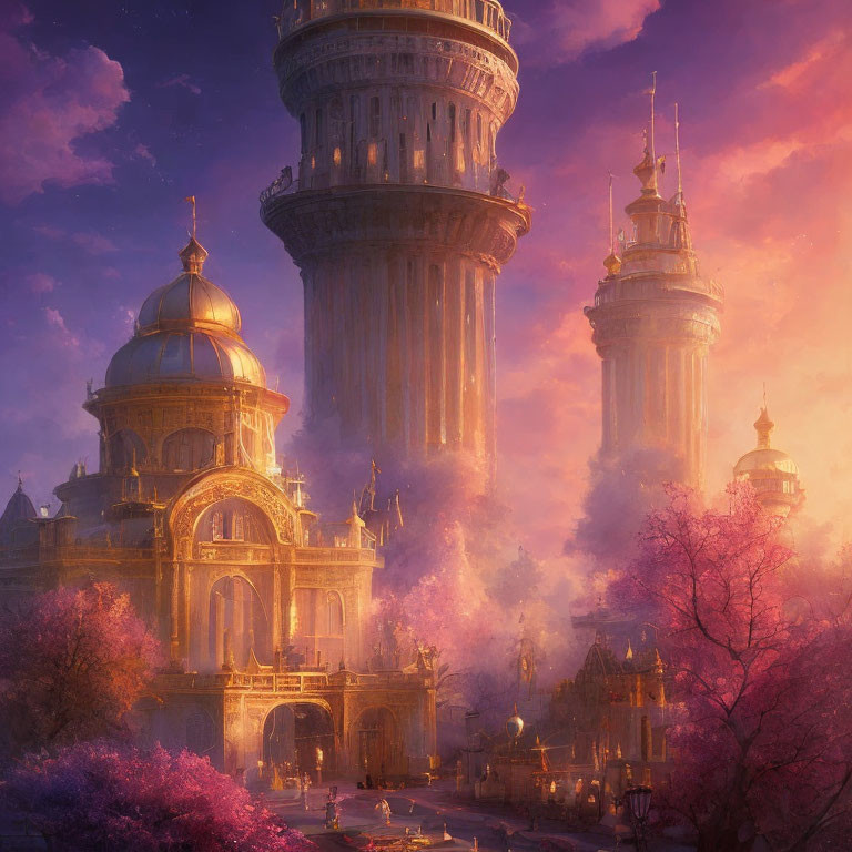 Majestic towers, golden domes, cherry blossoms in pink-hued fantasy landscape