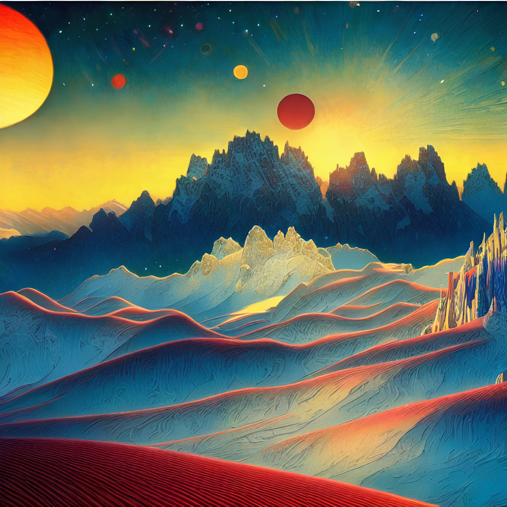 Vibrant surreal landscape: textured dunes, jagged mountains, starry sky.