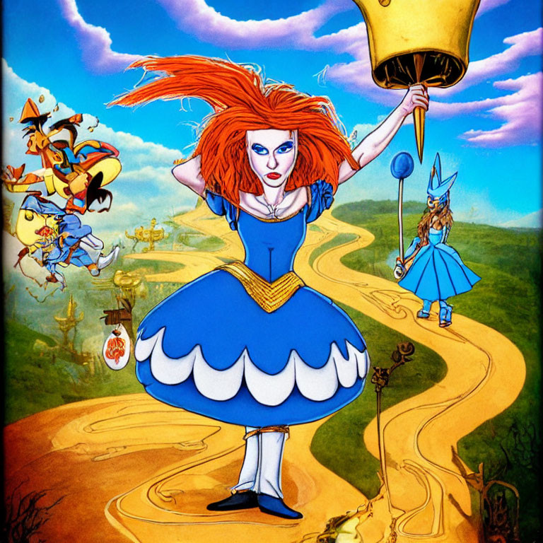 Colorful illustration of red-haired woman with trumpet on yellow brick road