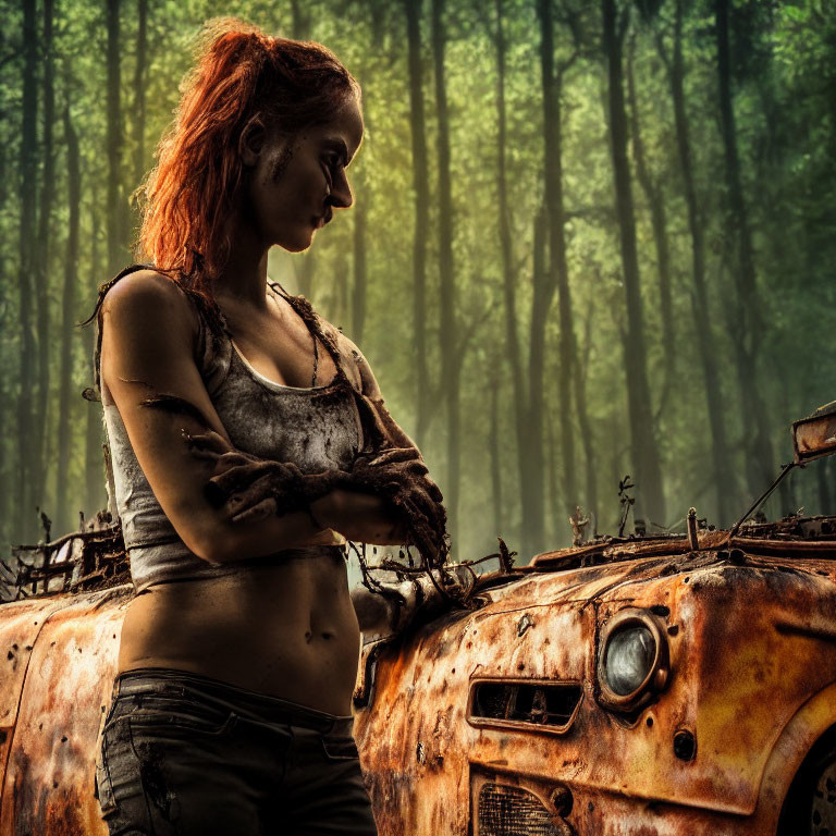 Red-haired woman by rusty car in foggy forest setting