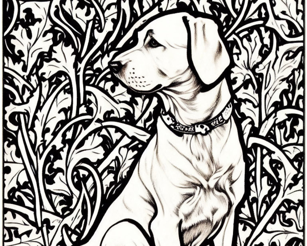 Monochrome dog illustration with intricate foliage pattern background