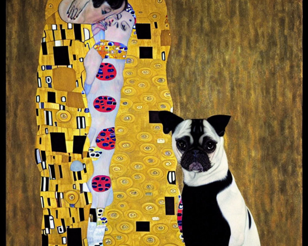 Pug dog superimposed on Gustav Klimt-inspired artwork
