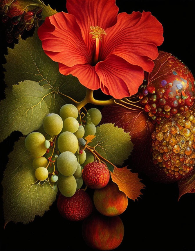 Colorful still life with hibiscus, grapes, leaves, and ornament on dark background