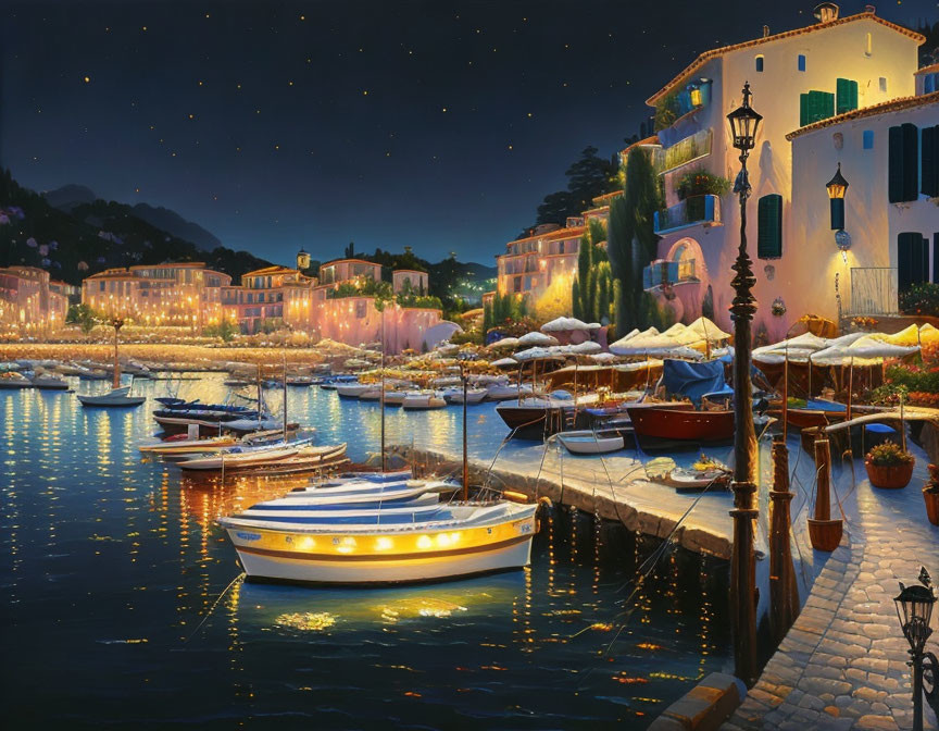 Nighttime harbor scene: illuminated buildings, boats, starry sky