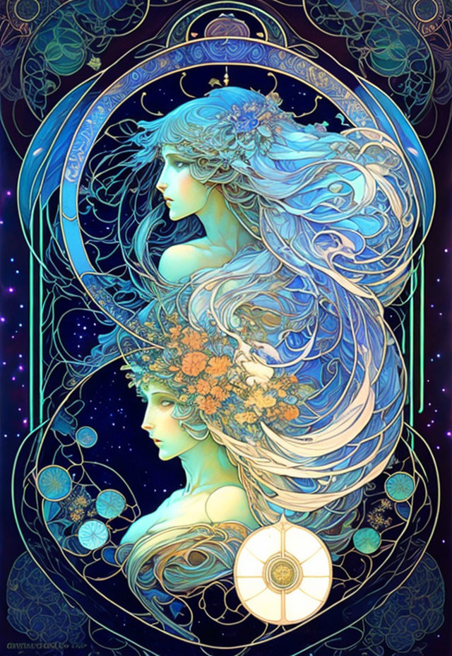 Illustration of two women with floral crowns against cosmic background