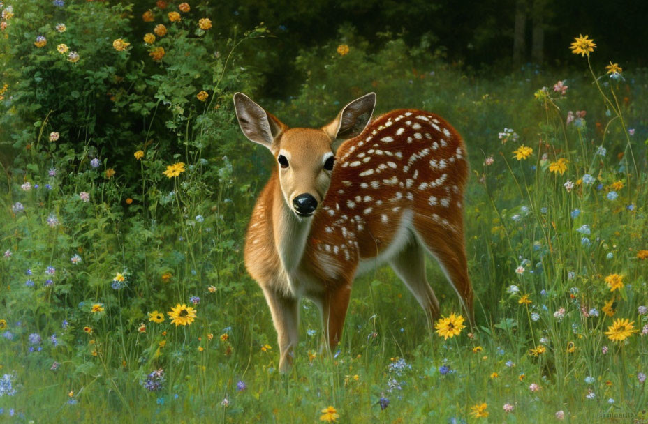 Spotted deer in vibrant meadow with wildflowers