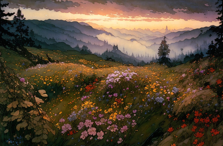Colorful Mountain Landscape with Sunset Sky and Wildflowers