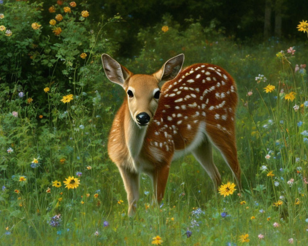 Spotted deer in vibrant meadow with wildflowers