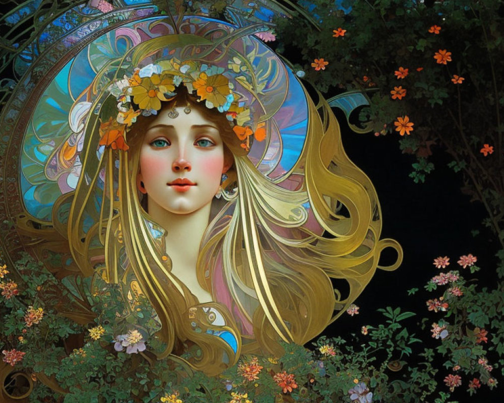 Blonde Woman with Floral Wreath in Night Garden
