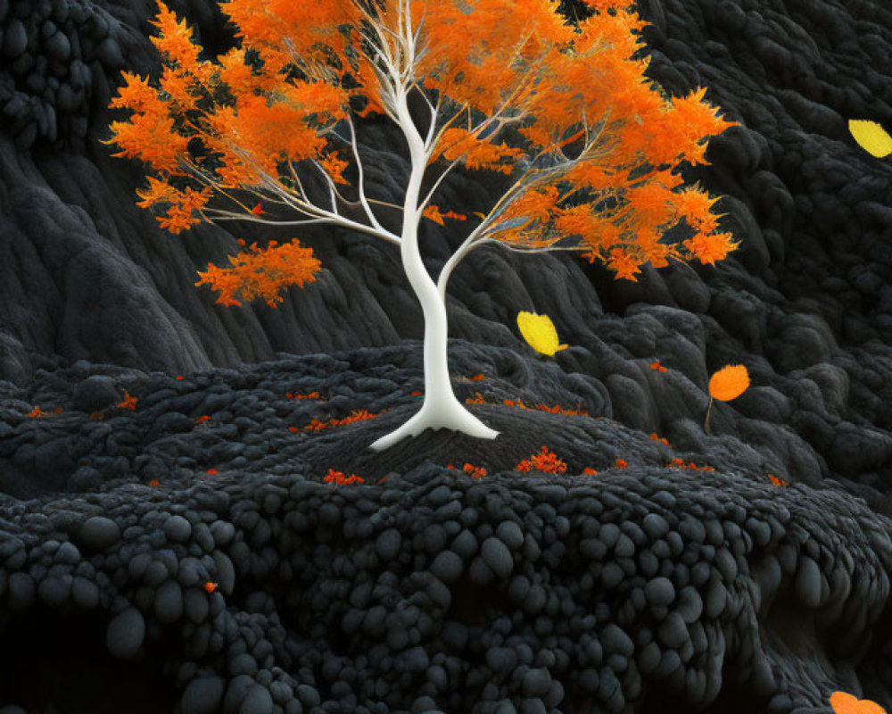 Vibrant orange tree against dark lava-like surface