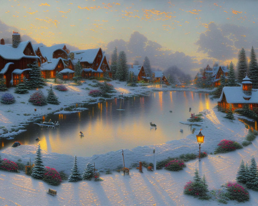 Snow-covered village by calm lake with wildlife at dusk