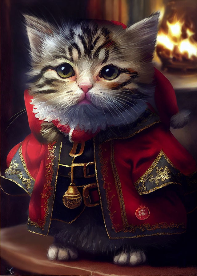 Regal kitten in red and gold outfit by fireplace