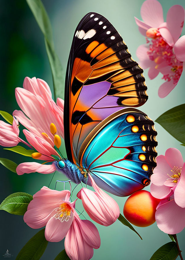 Colorful Butterfly Resting on Pink Flowers with Green Background