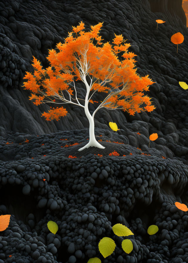 Vibrant orange tree against dark lava-like surface