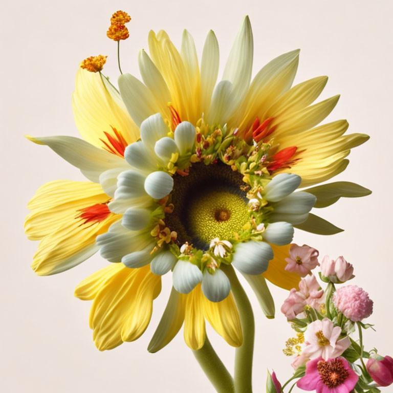 Colorful Sunflower and Surrounding Flowers on Beige Background
