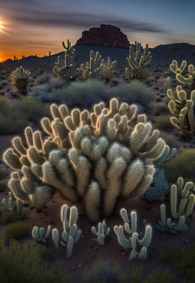 Sunset desert landscape with Teddy Bear Cholla and cacti against rocky hill & colorful sky