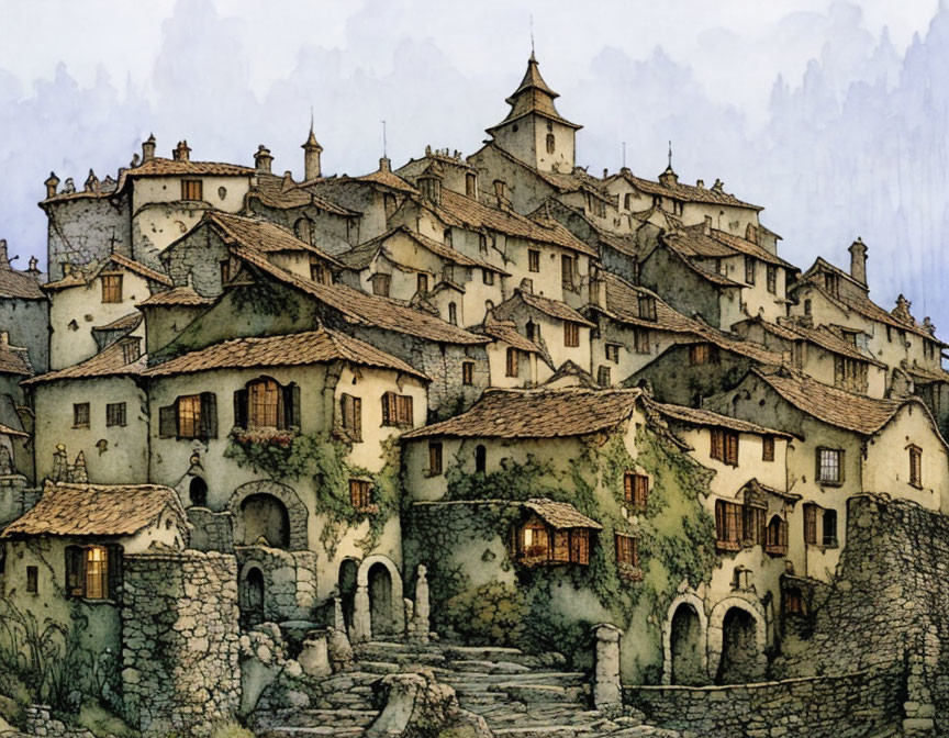 Illustration of Stone Houses in Old-World Village