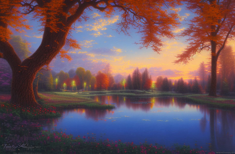 Autumn sunset over serene lakeside with vibrant colors and pink flowers.