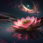 Vivid Pink Water Lilies on Tranquil Lake with Starry Sky
